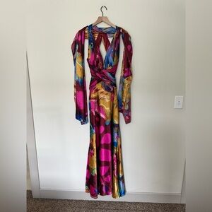 VINTAGE Y2K Open Back Deep V Multicolor Watercolor Formal Maxi Gown and Shawl